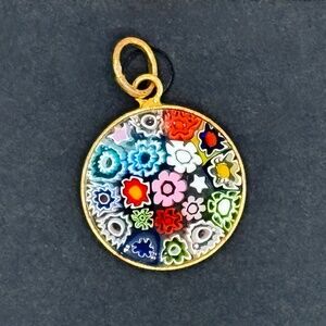 Murano Millefiori Glass Pendant – Round, Multicolor, Gold-Tone Frame